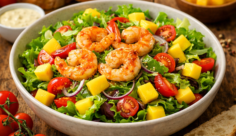 Eine Salatschüssel mit gegrillten Garnelen, Kirschtomaten, Mangowürfeln, roten Zwiebeln und Blattsalat, serviert mit Brotscheiben. Im Hintergrund stehen eine kleine Schüssel mit Soße und eine Schüssel mit Mangowürfeln.