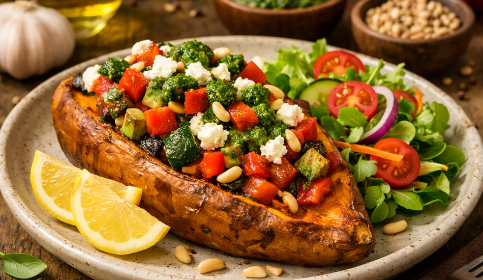 Eine gebackene Süßkartoffel, belegt mit Tomatenwürfeln, Zucchini, Pesto, Feta und Pinienkernen, serviert mit einem frischen Salat, Zitronenschnitzen und kleinen Schälchen mit Pesto, Pinienkernen und Basilikum im Hintergrund.