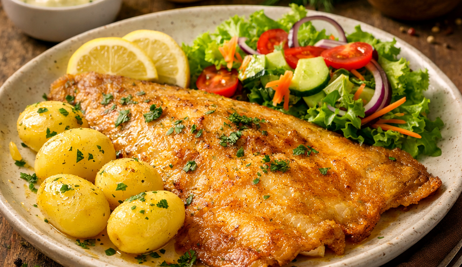 Ein Teller mit einem goldbraun gebratenen Fischfilet, kleinen Kartoffeln, Zitronenschnitzen und einem frischen Salat mit Tomaten und Zwiebeln. Im Hintergrund stehen auf einem rustikalen Holztisch Tartarsauce und eine Schale mit Salz.