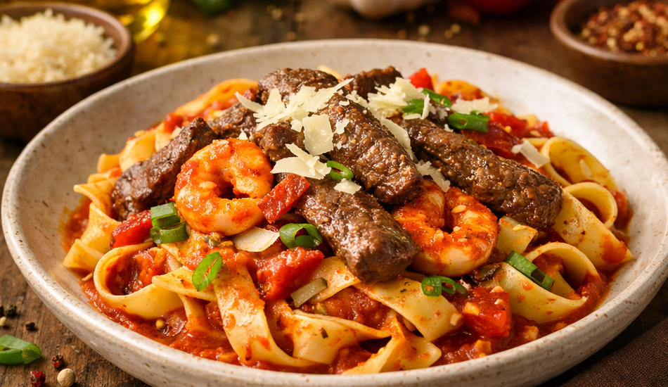 Eine Schüssel Pasta mit Garnelen, Rindfleischstreifen, Tomatensoße, geriebenem Käse und Frühlingszwiebeln. Frisches Basilikum, Knoblauch, Tomaten, Öl und Gewürze stehen auf dem rustikalen Holztisch daneben.